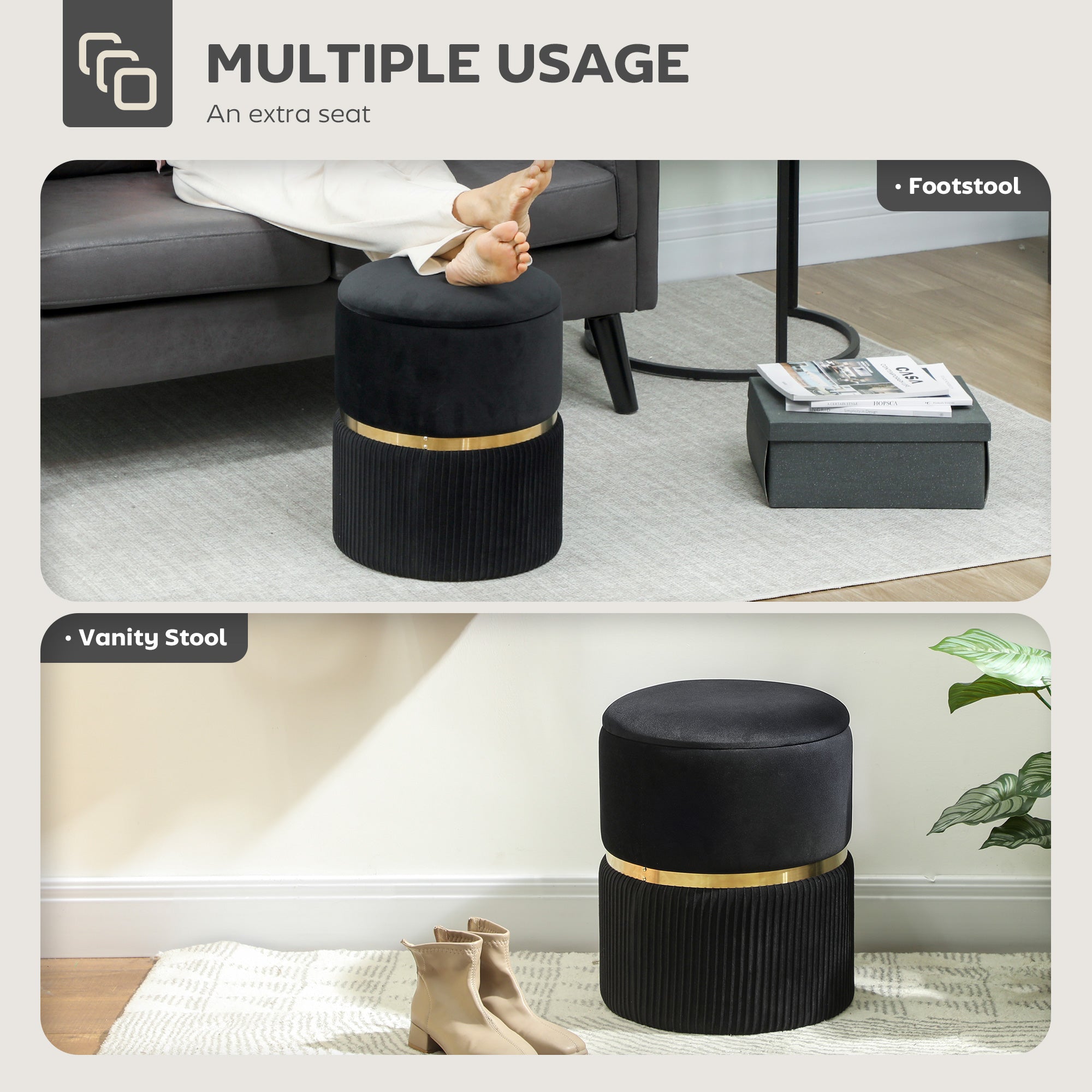 HOMCOM Velvet-Feel Storage Ottoman - Black