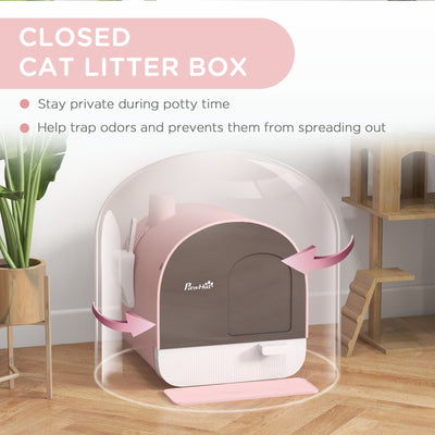 PawHut Hooded Cat Litter Box, Kitten Litter Tray, with Lid, Scoop, Filter, Flap Door, Pink 