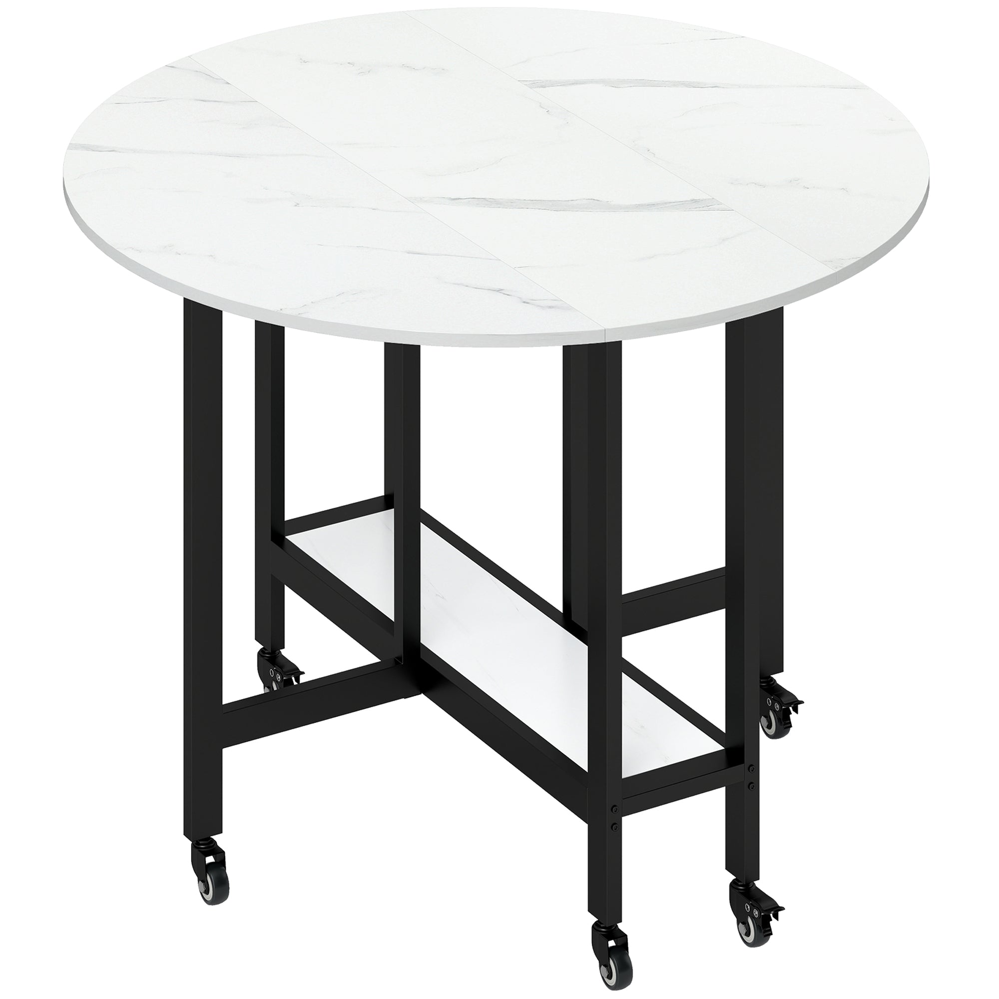 HOMCOM Folding Dining Table, Drop Leaf Table with Open Shelf, Rolling Kitchen Table for Dining Room, Small Spaces, White Marble 
