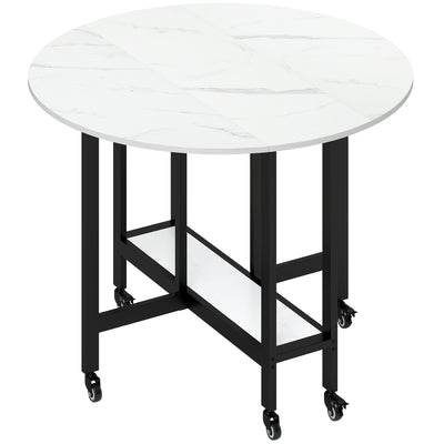 HOMCOM Folding Dining Table, Drop Leaf Table with Open Shelf, Rolling Kitchen Table for Dining Room, Small Spaces, White Marble 