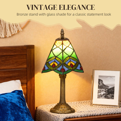 HOMCOM Tiffany-Style Table Lamp with Geometric Patterns, Handcrafted Antique Stained Glass Bedside Lamp for Living Room and Bedroom, E27 Socket, Green 