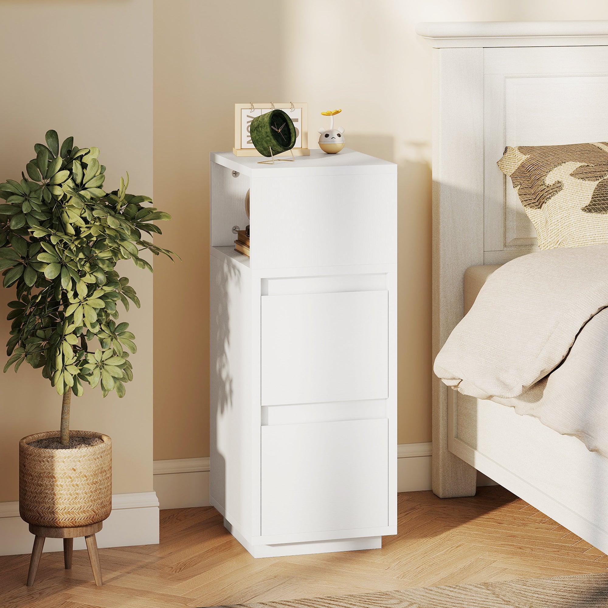 HOMCOM Slim Bedside Table, Narrow Bedside Cabinet with Open Shelf and 2 Drawers for Bedroom, Living Room, White 