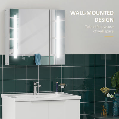 Illuminated Bathroom Mirror Cabinet 650 x 700Hmm LED Bathroom Mirror with Lights Touch Switch, Adjustable Shelf,  USB Charge, White 