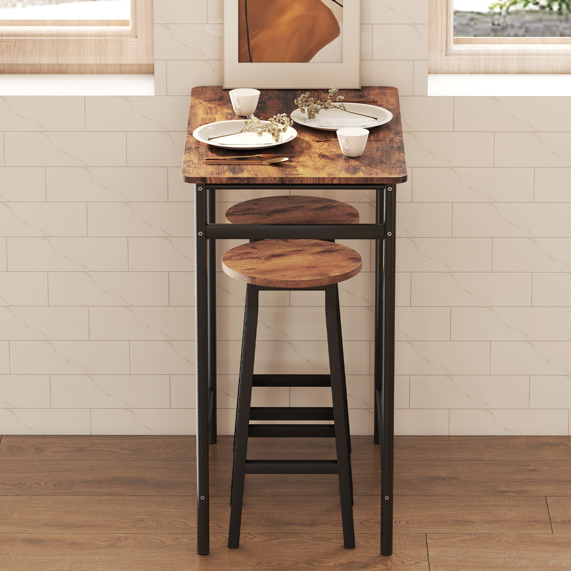 HOMCOM Bar Stools Set of 2 Breakfast Bar Stools with Footrest, Industrial Round, 32 x 32 x 65 cm, Rustic Brown 