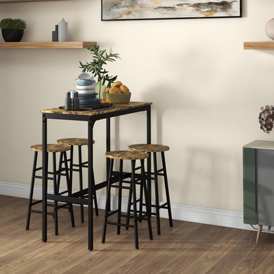 HOMCOM 5 Piece Bar Table Set with 4 Stools, Industrial Bar Table and Stool Set, Dining Table and Chair Set, Rustic Brown 