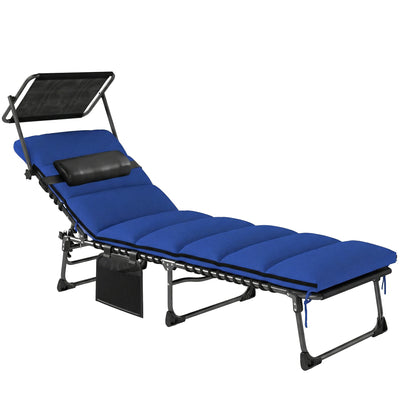 Outsunny Folding Sun Lounger with Canopy, Reclining Sunbed with Cushion, Side Pocket, Carrying Handle, Dark Blue 