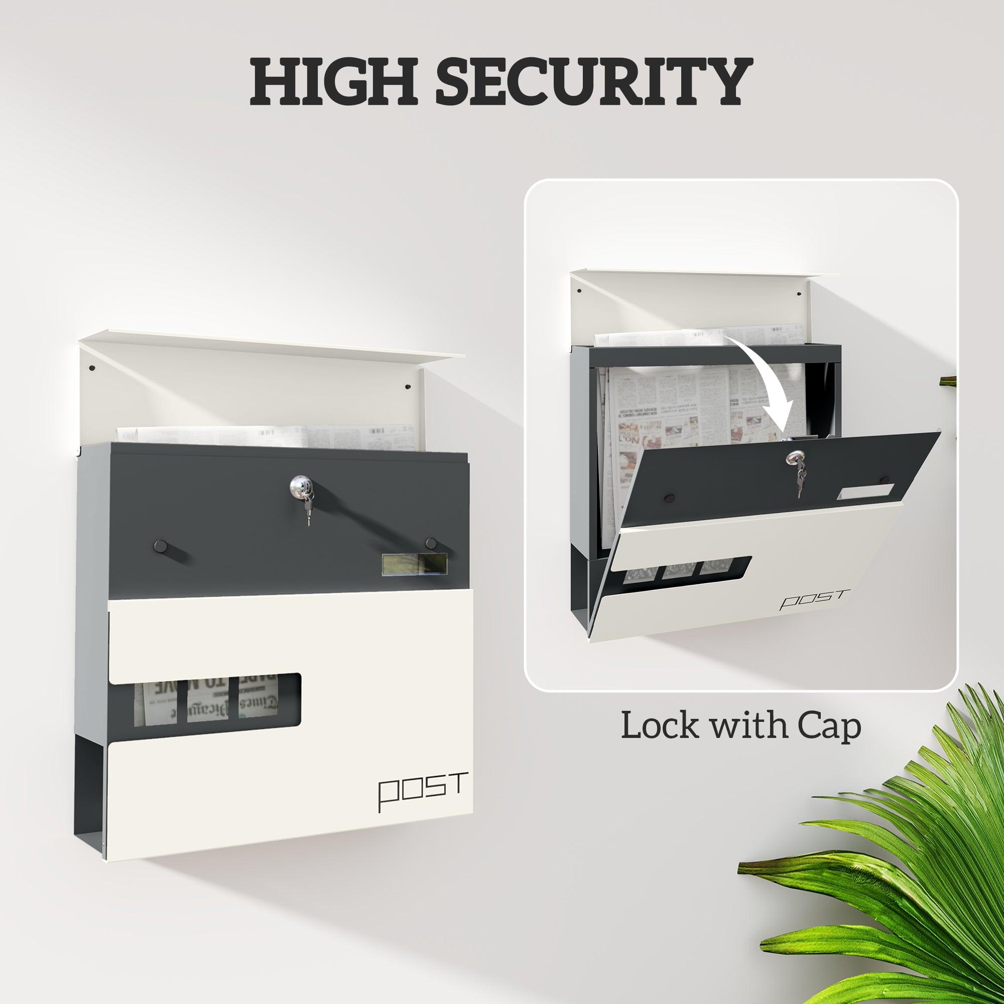 HOMCOM Locking Galvanised Steel Letterbox - White/Black 