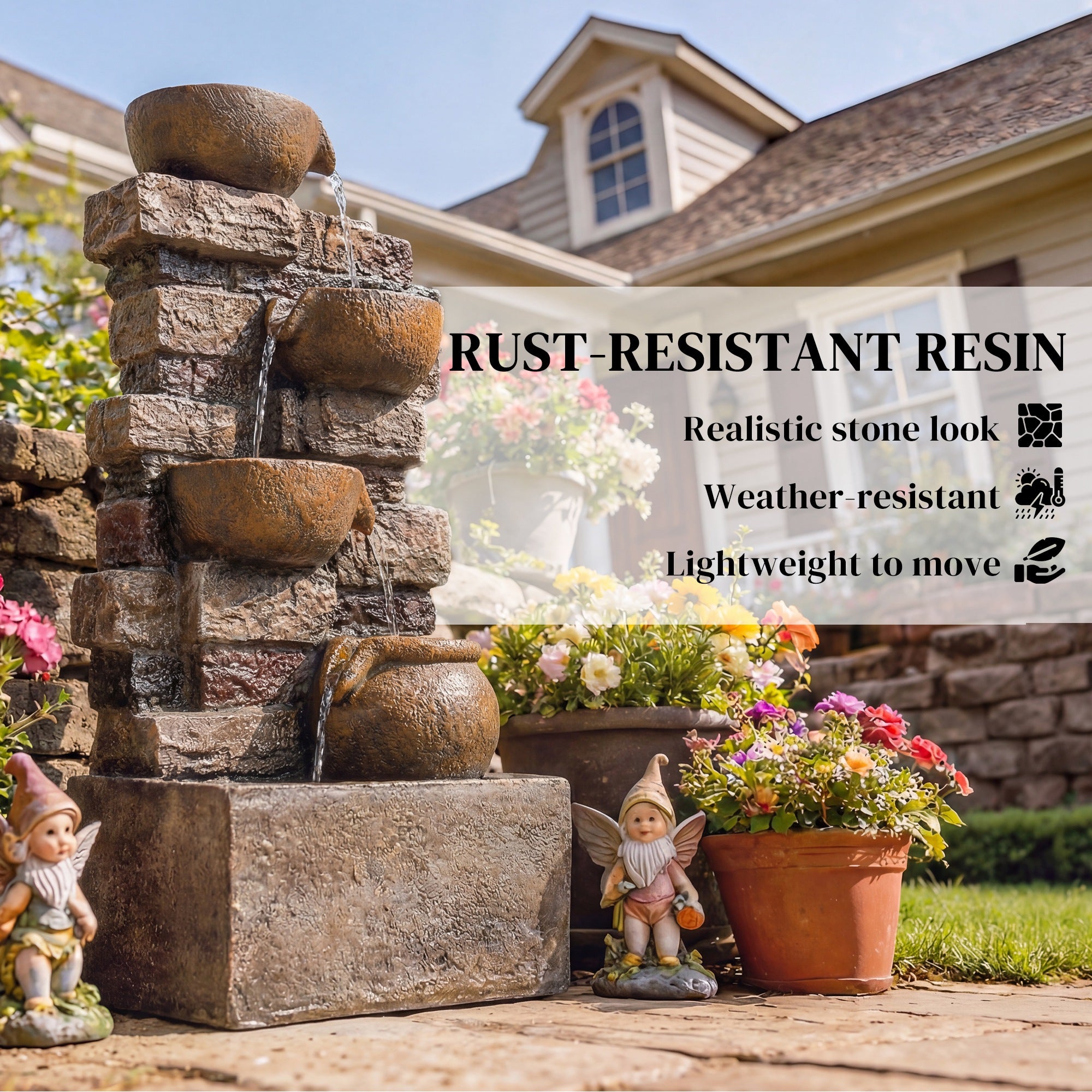 Outsunny 28" 5-Tier Outdoor Fountain, Cascading Waterfall Feature with LED Lights, Adjustable Flow, Rustic Brown 