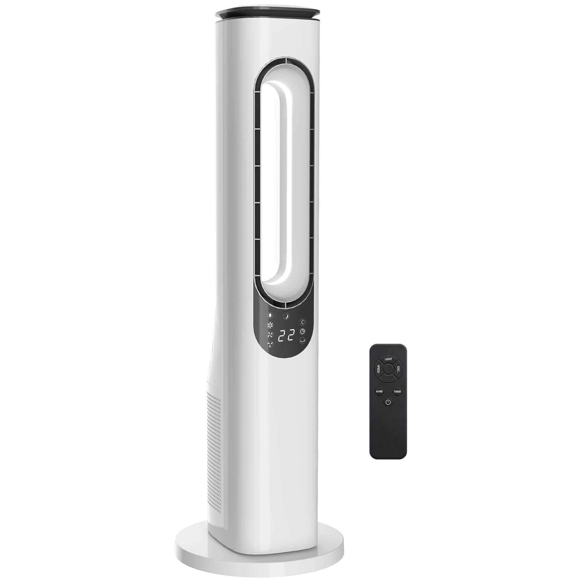 HOMCOM Bladeless Tower Fan for Bedroom, 35dB Standing Cooling Fan with Oscillating, LED Lights, 3 Speeds, 15H Timer, White 