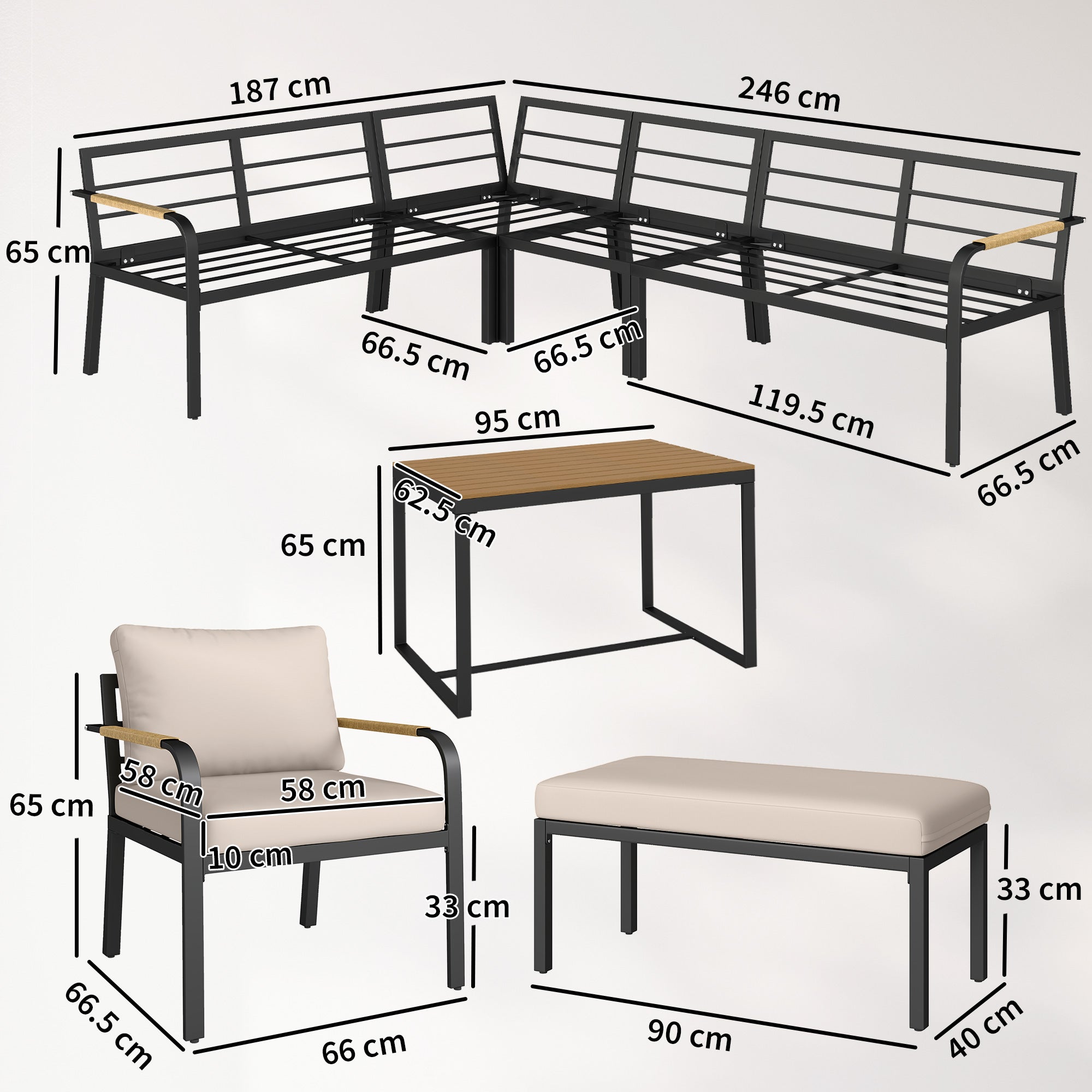Outsunny 7 Seater Garden Furniture Set, Metal Garden Sofa Set with Cushions, Outdoor Furniture Conversation Sets, Khaki 