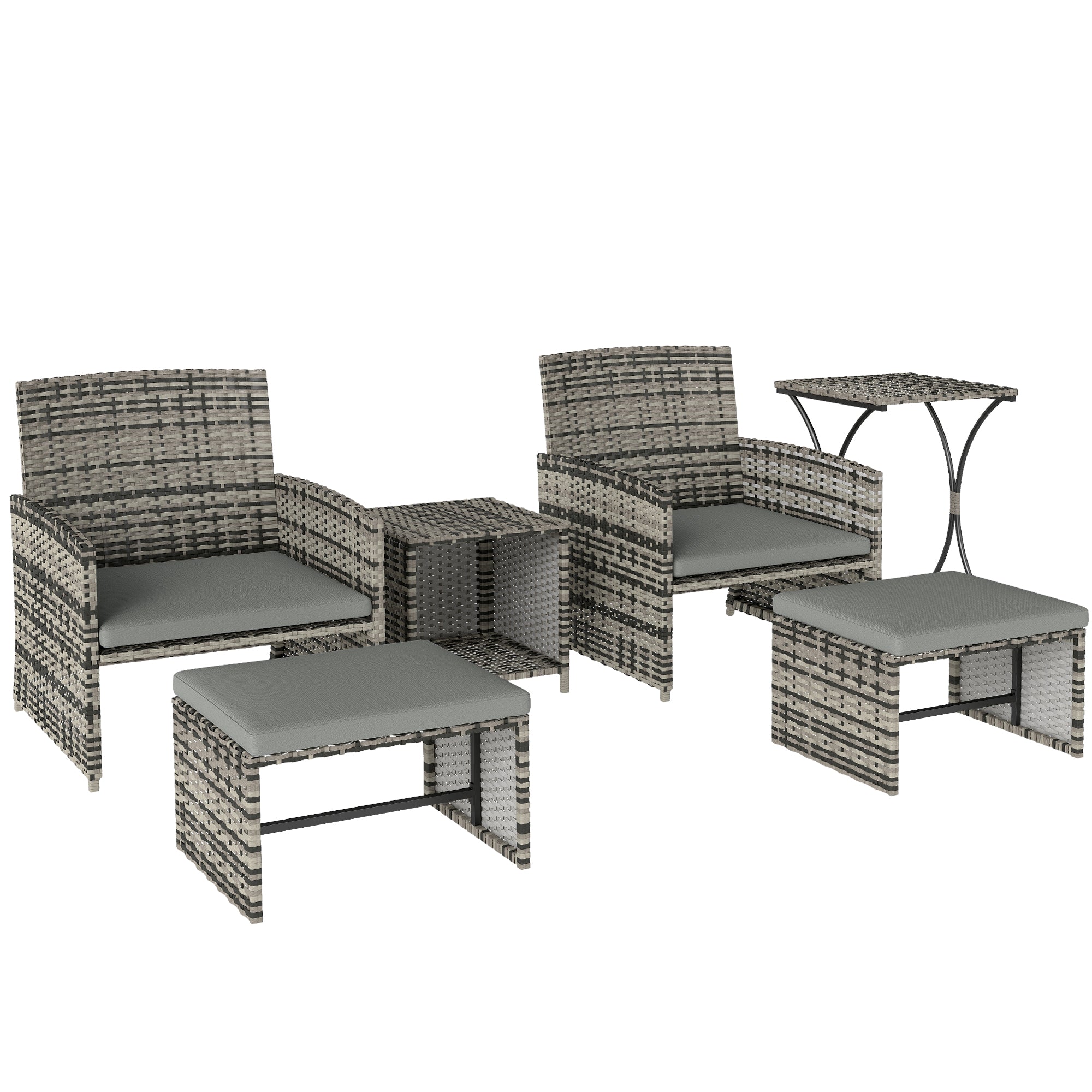 Outsunny 6 Piece Rattan Garden Furniture, Space-Saving Patio Furniture Set with Nesting Tables, Chairs, Stools, Cushions, Grey 