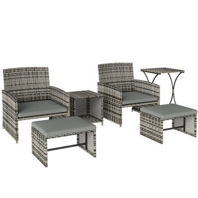 Outsunny 6 Piece Rattan Garden Furniture, Space-Saving Patio Furniture Set with Nesting Tables, Chairs, Stools, Cushions, Grey 