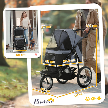 PawHut Dog Pram Dog Stroller Jogger Foldable Pet Pushchair for Medium, Small Dogs, w/ Rubber Wheels, Washable Cushion - Grey 