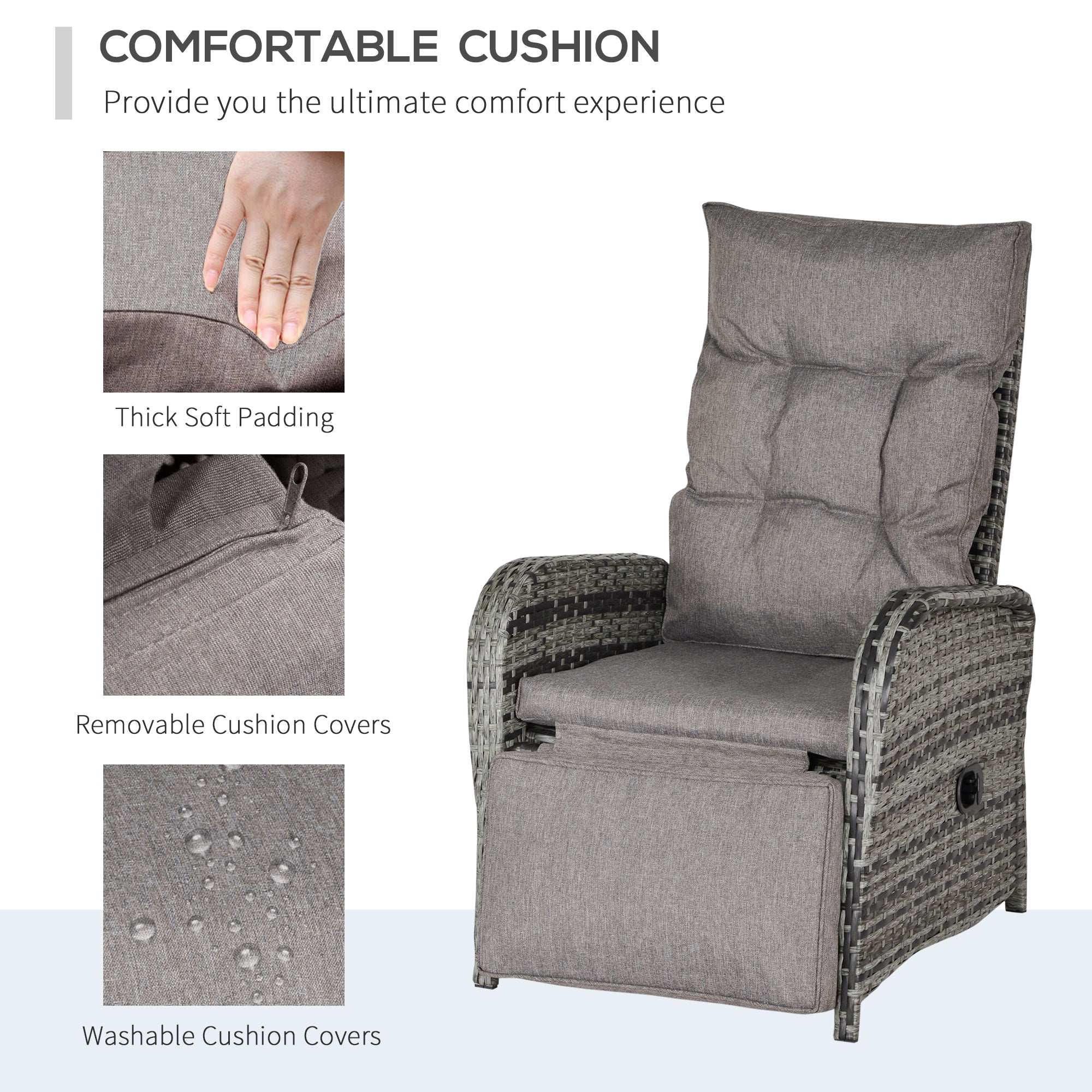 Outsunny 2 Seater Patio Wicker Chaise Lounge Sofa Set with Fabric Cushion, Grey 