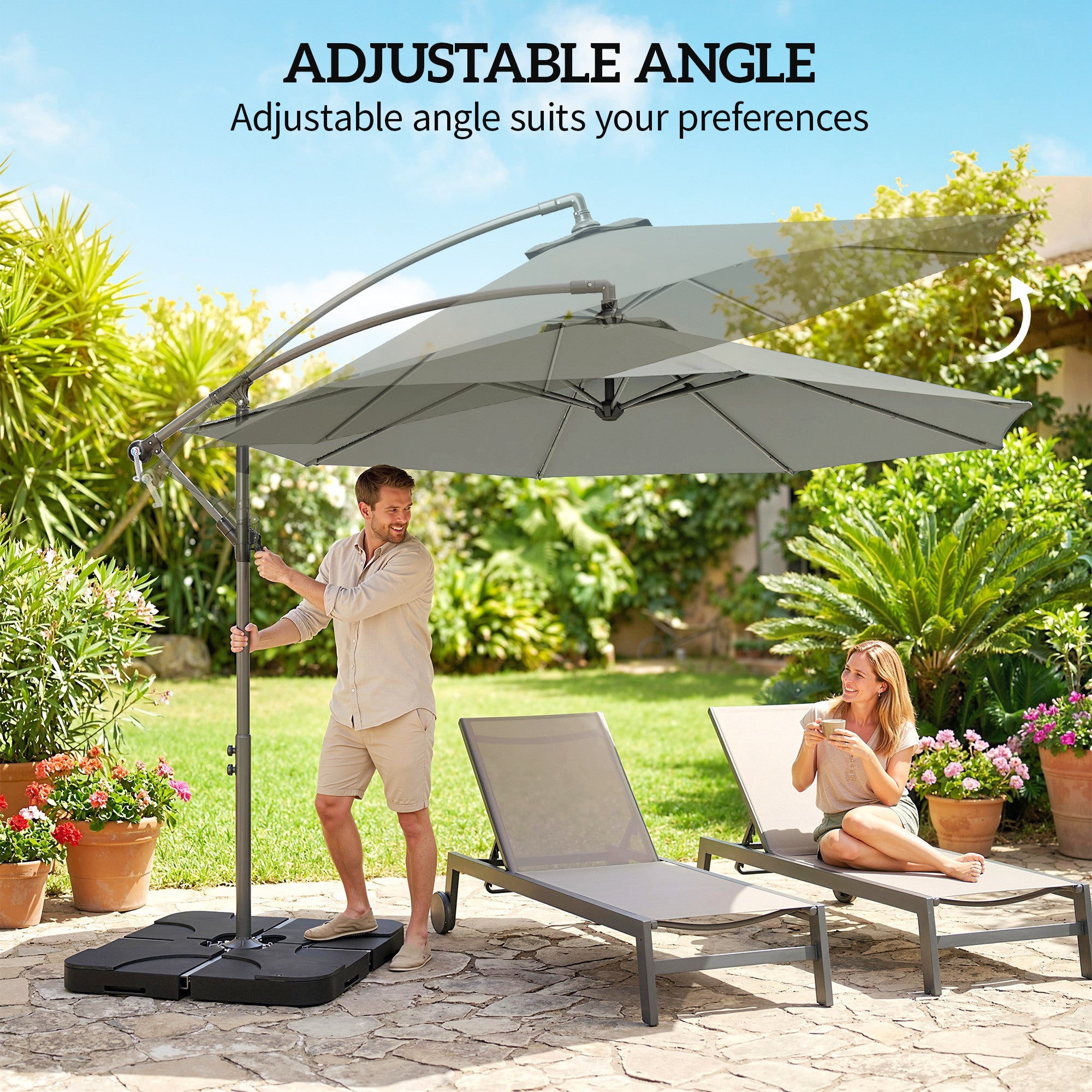 Outsunny 3m Overhanging Parasol, with Base, Weights and Cover - Light Grey 