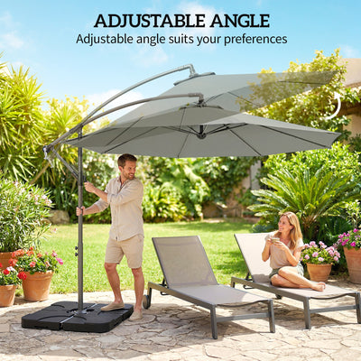 Outsunny 3m Overhanging Parasol, with Base, Weights and Cover - Light Grey 