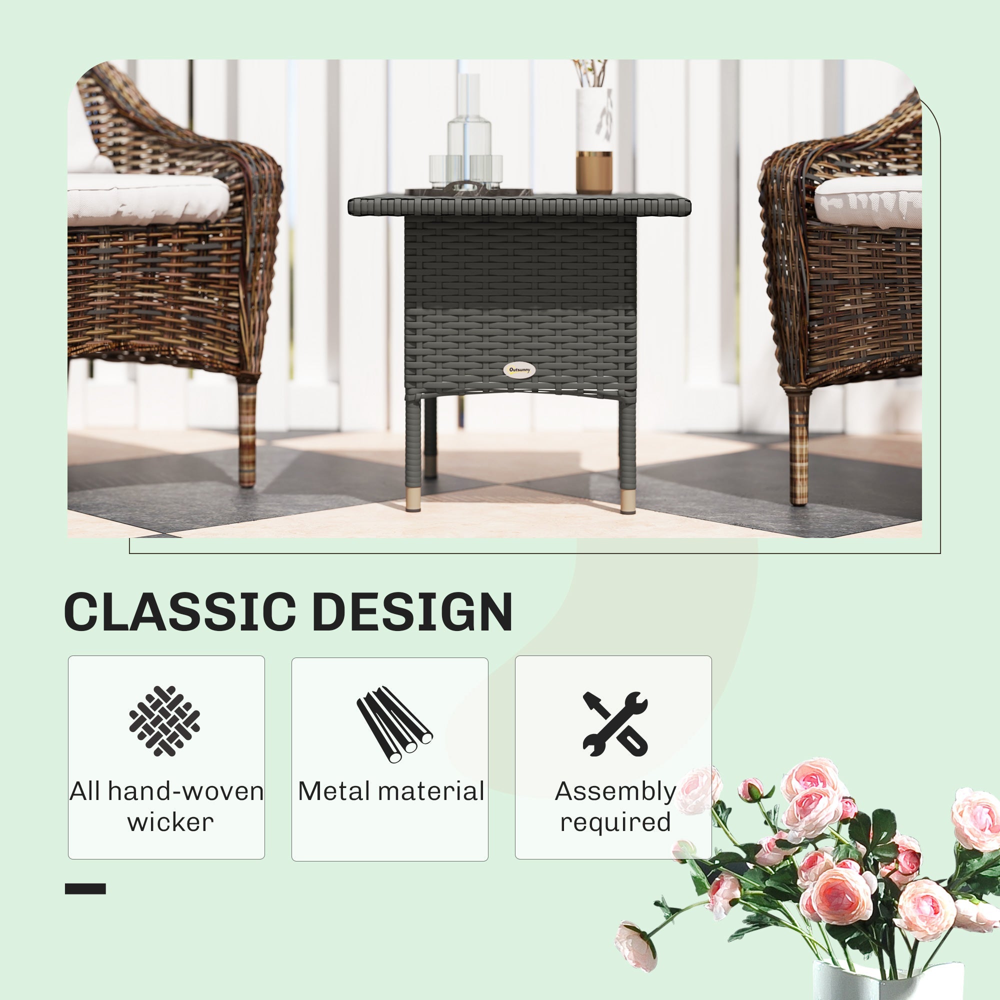 Outsunny Rattan Side Table, Outdoor Coffee Table with Plastic Board Under the Full Woven Table Top for Patio, Garden, Balcony, Grey 