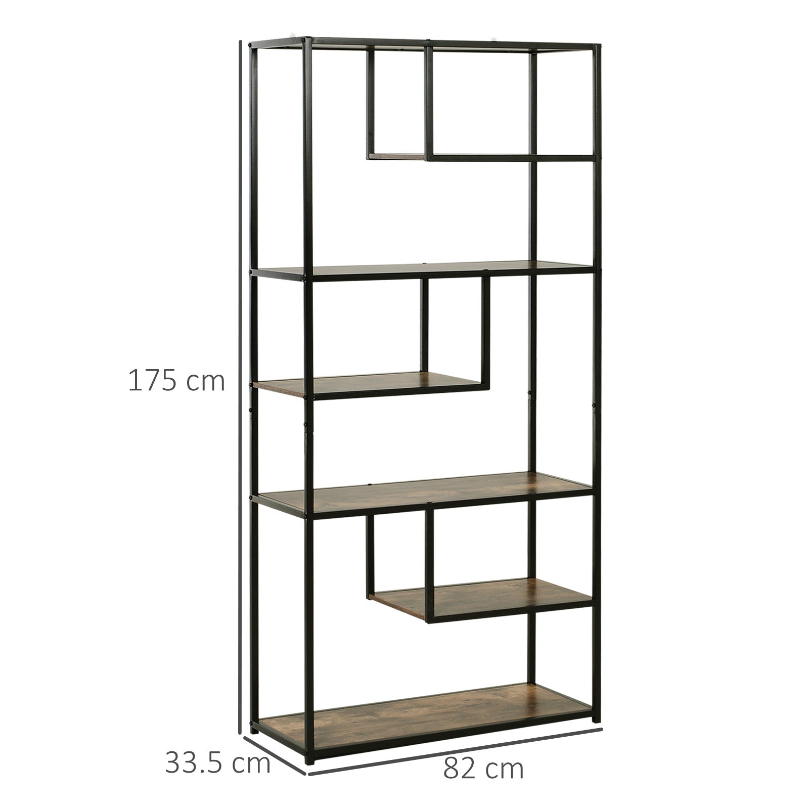 HOMCOM 6 Tier Bookcase, Industrial Tall Shelf Unit with Steel Frame for Home Office, Study, Living Room, Hallway, 82 x 33.5 x 175 cm, Rustic Brown and Black 