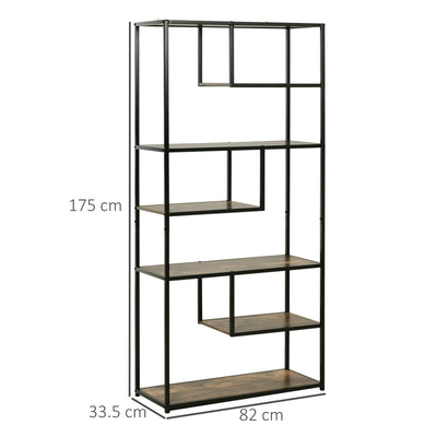 HOMCOM 6 Tier Bookcase, Industrial Tall Shelf Unit with Steel Frame for Home Office, Study, Living Room, Hallway, 82 x 33.5 x 175 cm, Rustic Brown and Black 