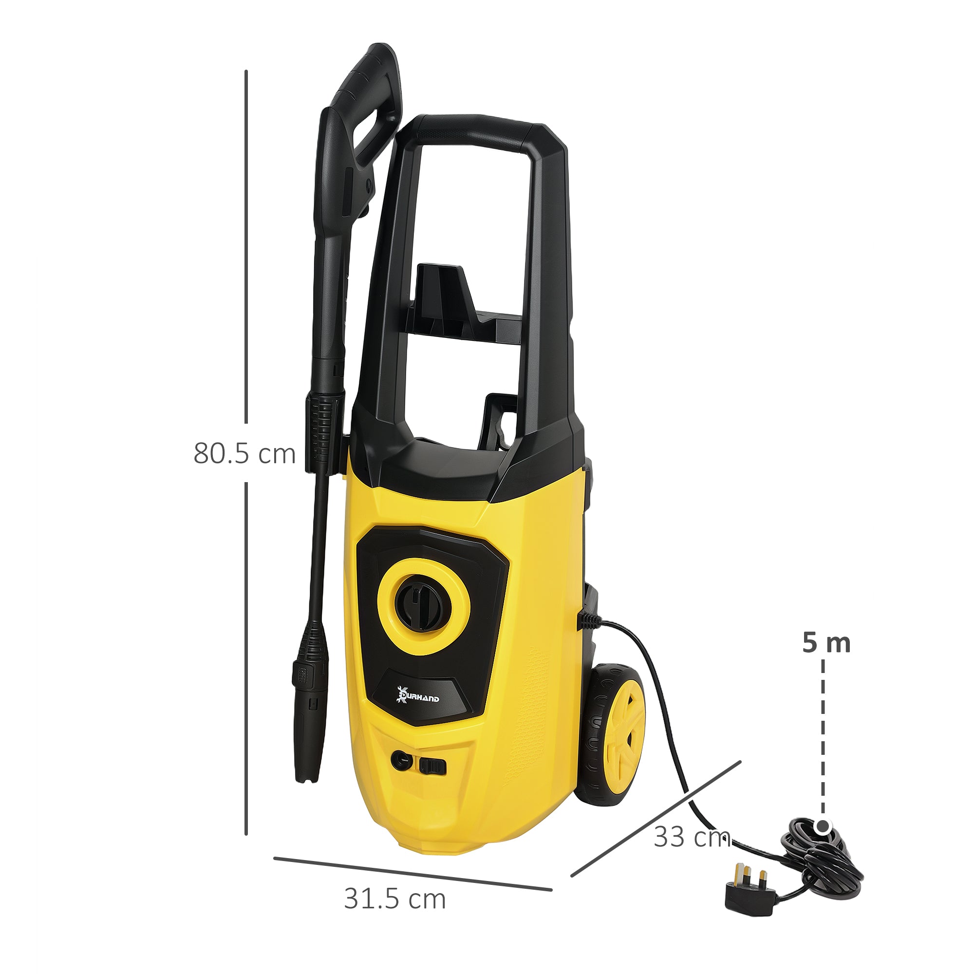 DURHAND 1800W High\'c2\'a0Pressure\'c2\'a0Washer, 150 Bar Pressure, 510 L/h Flow, High-Performance Portable Power Washer Jet Wash Cleaner with 6M Hose, Snow Foam Bottle for Garden, Car, Furniture, Yellow