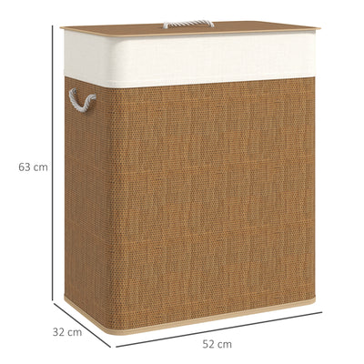 HOMCOM Double Laundry Basket with Lid, 100L Bamboo Laundry Hamper with Rope Handles, Washing Basket with Removable Liner for Bathroom, Bedroom, Brown 