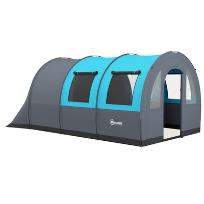 Outsunny Six Man Duo Room Tunnel Tent, with Accessories - Grey/Blue 