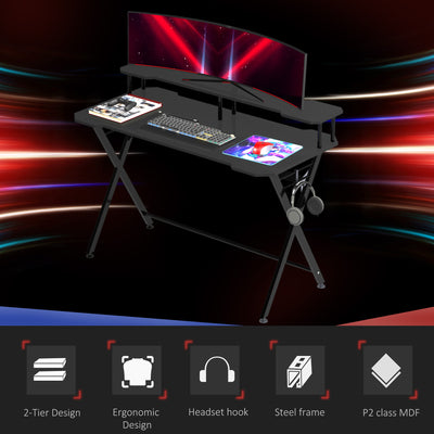 HOMCOM Gaming Desk Writing Racing Computer Table Workstation with Headphone Hook Curved Front Adjustable Feet for Home Office Use 140 x 60cm 