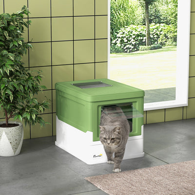 PawHut Hooded Cat Litter Box, Portable Pet Toilet, with Scoop, Front Entry - Light Green 