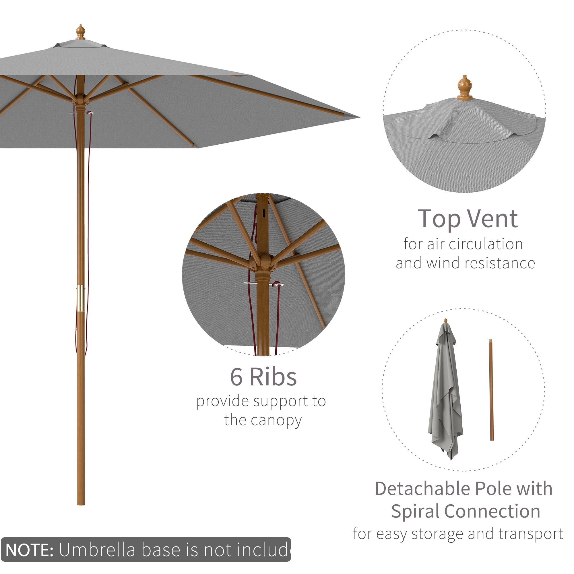 Outsunny 2.5m Wood Garden Parasol Sun Shade Patio Outdoor Wooden Umbrella Canopy Light Grey 