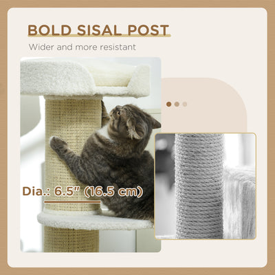 PawHut 2 Tier Sisal Sherpa Cat Tree with Basket Cushion Sisal Post Cream White 