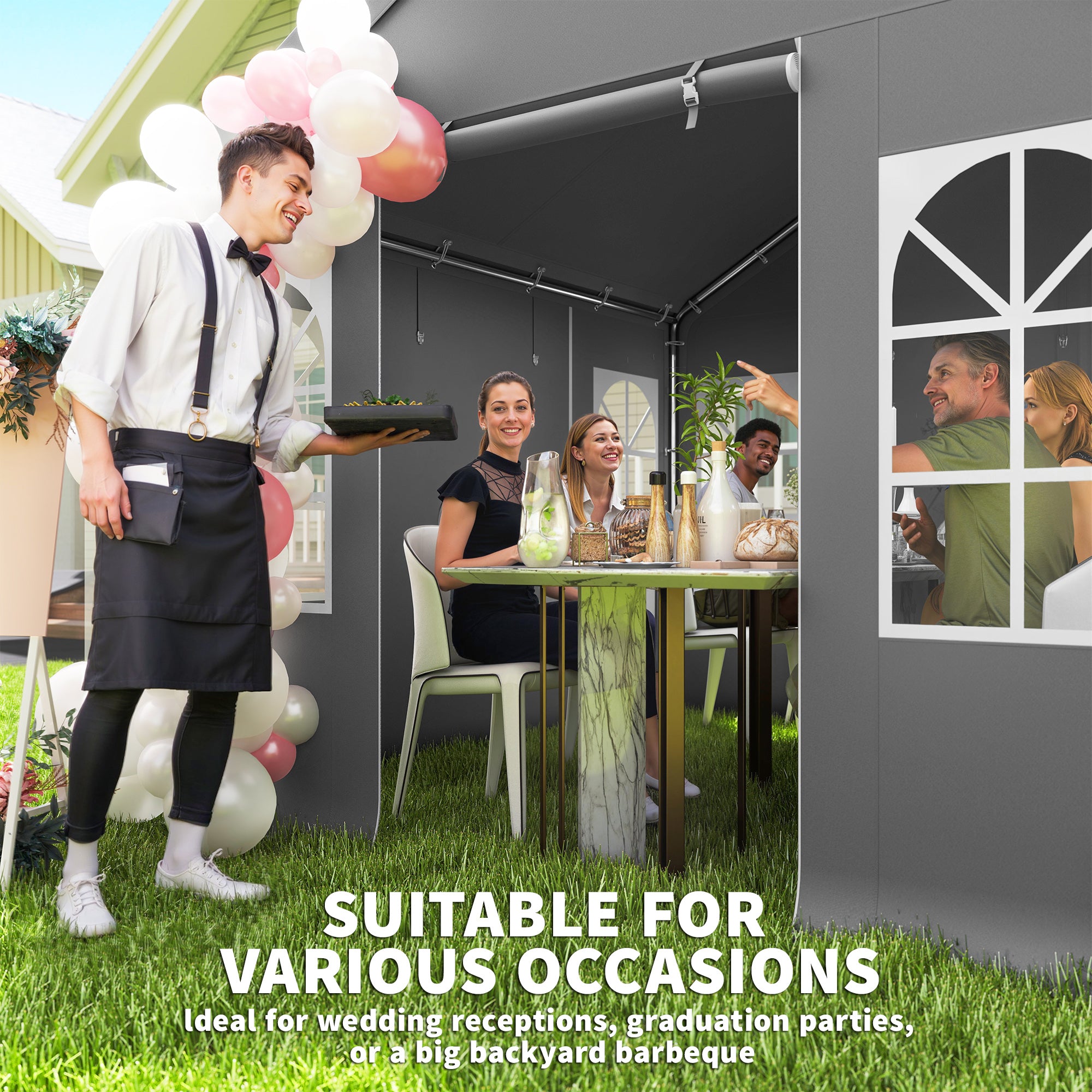 Outsunny 3 x 3 m Party Tent, Outdoor Canopy Tent Shelter with Removable Sidewalls, 4 Zipped Doors, for Parties, Wedding, Grey 