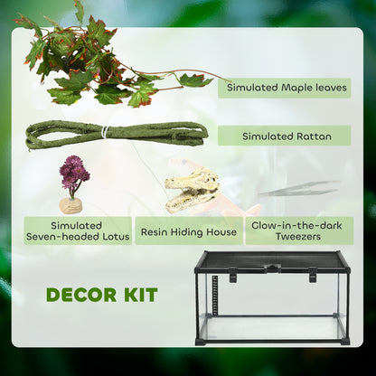 PawHut Glass Reptile Terrarium with Decor Kit, Breeding Tank with Thermometer for Small Animals, 50 x 30 x 25cm, Heated - Black 