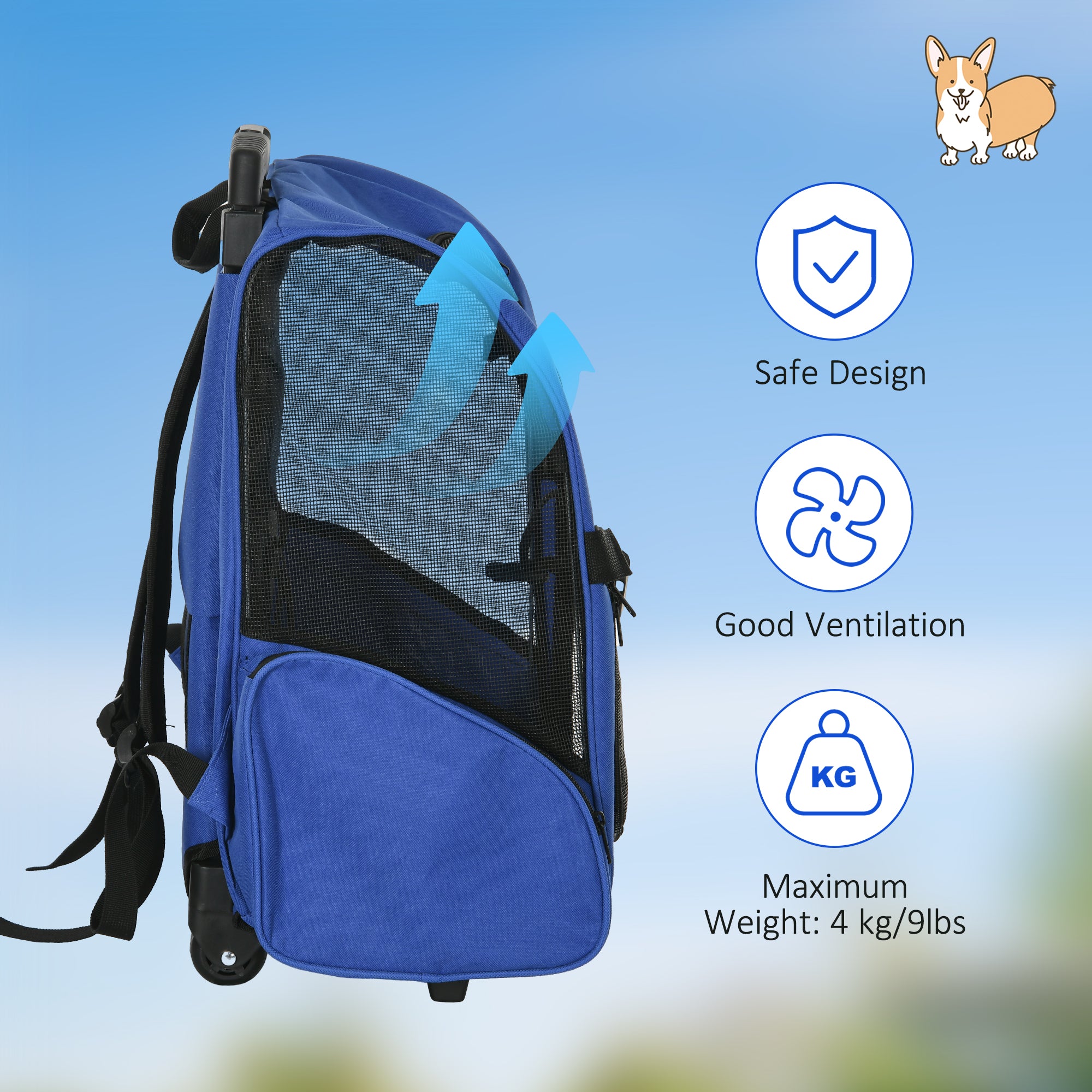 PawHut Pet Travel Backpack Bag Cat Puppy Dog Carrier w/ Trolley and Telescopic Handle Portable Stroller Wheel Luggage Bag (Blue) 