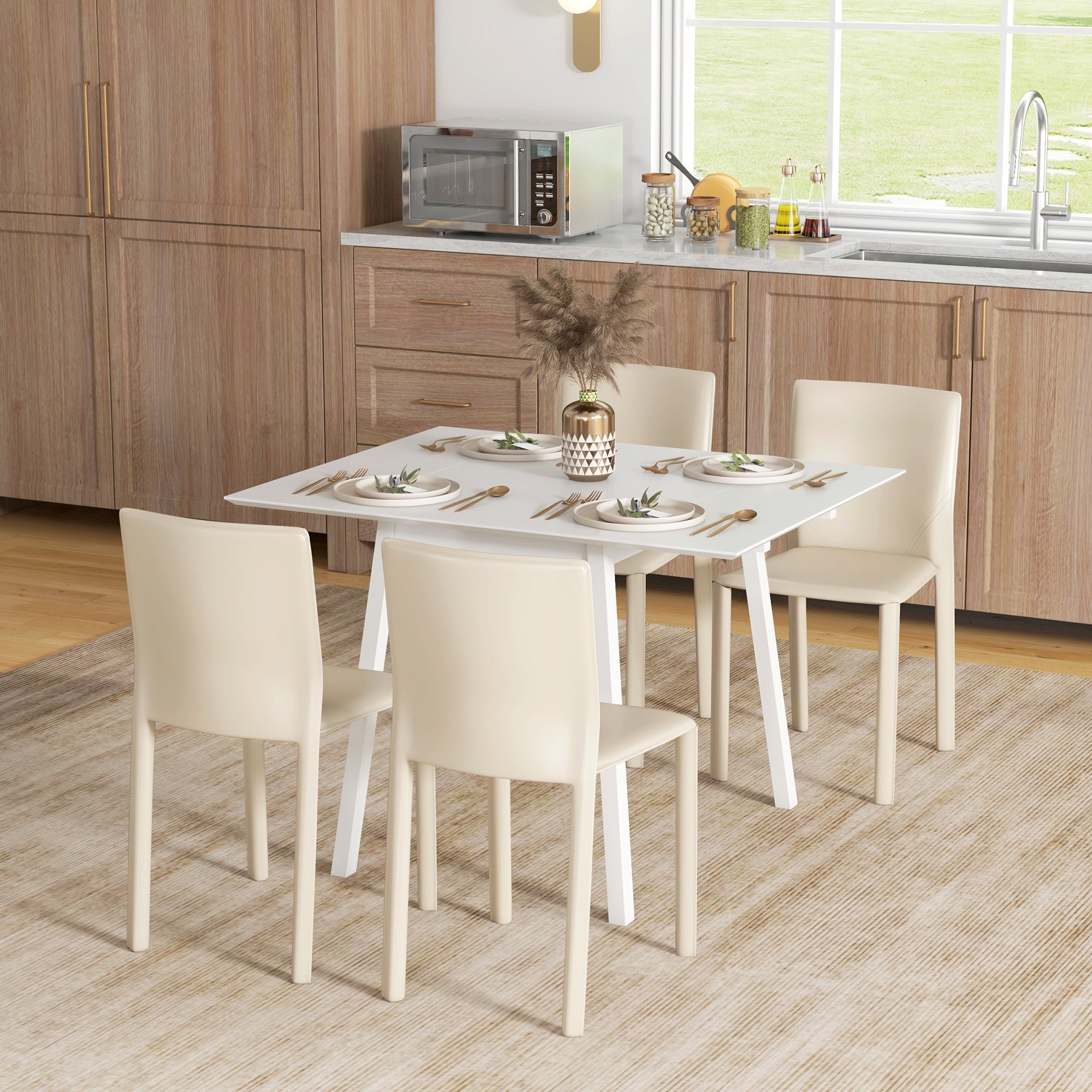 HOMCOM Solid Wood Folding Dining Table, Drop Leaf Table for 2-4 People, Rectangle Kitchen Table for Small Space, White 