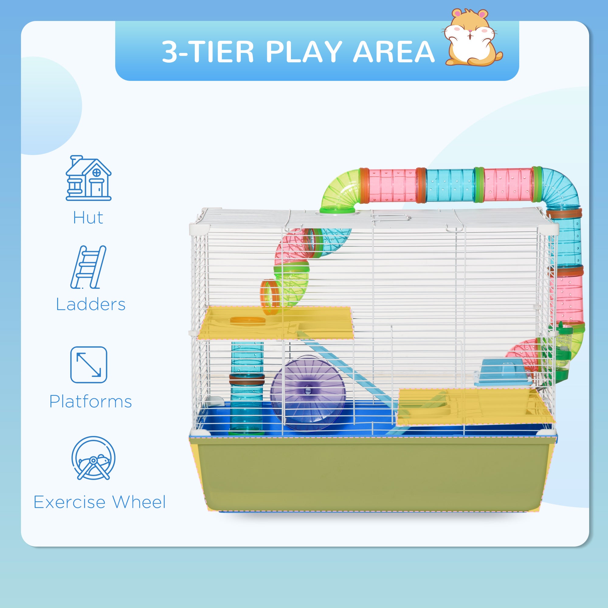 PawHut Hamster Cage, Gerbil Cage 3 Tier for Dwarf Hamster with Tube, Exercise Wheel, Water Bottle, Food Dish 59 x 36 x 47 cm- Blue 