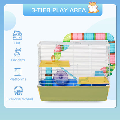 PawHut Hamster Cage, Gerbil Cage 3 Tier for Dwarf Hamster with Tube, Exercise Wheel, Water Bottle, Food Dish 59 x 36 x 47 cm- Blue 