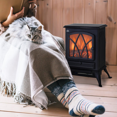 HOMCOM Electric Stove Heater with Realistic Flame Effect, 2000W Portable Indoor Freestanding Electric Fireplace with Adjustable Thermostat, Black 