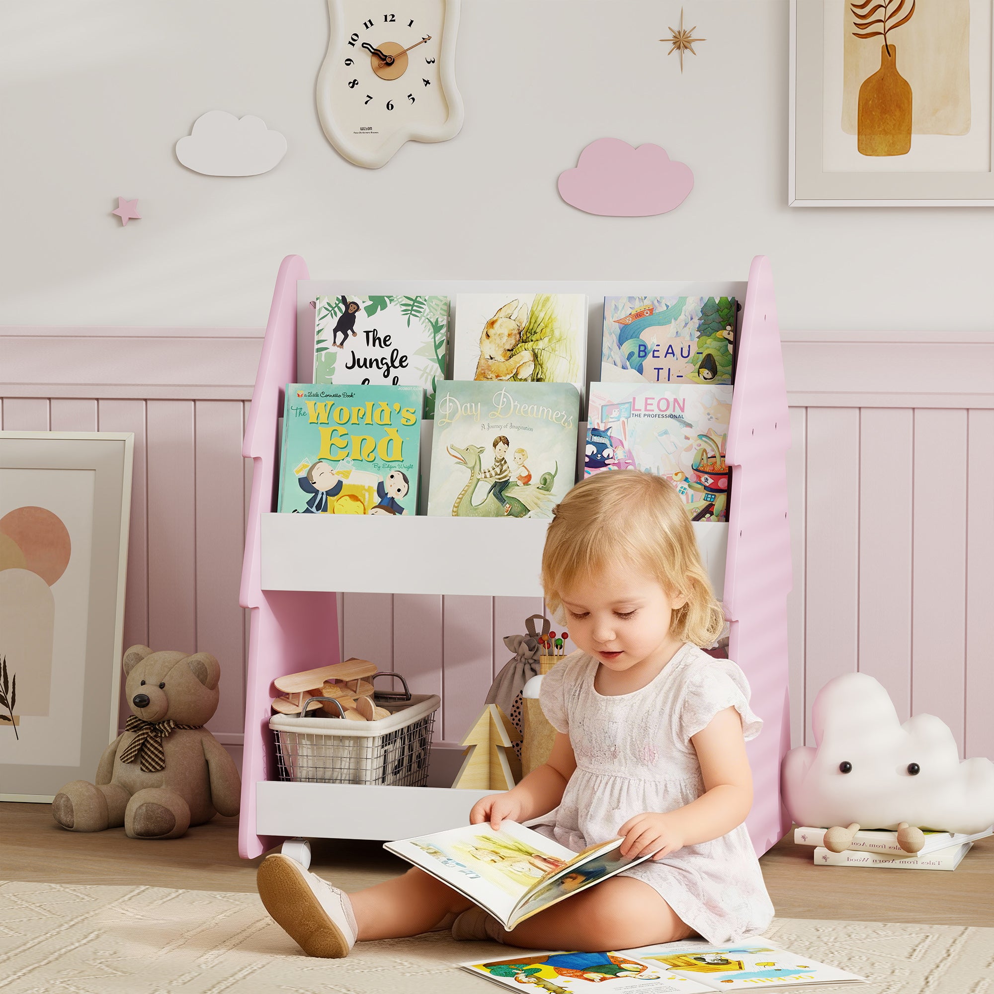 AIYAPLAY Kids Bookshelf with Toy Storage, Double-Sided Bookcase with Wheels, 3 Tier Kids Book Rack for Bedroom, Pink 