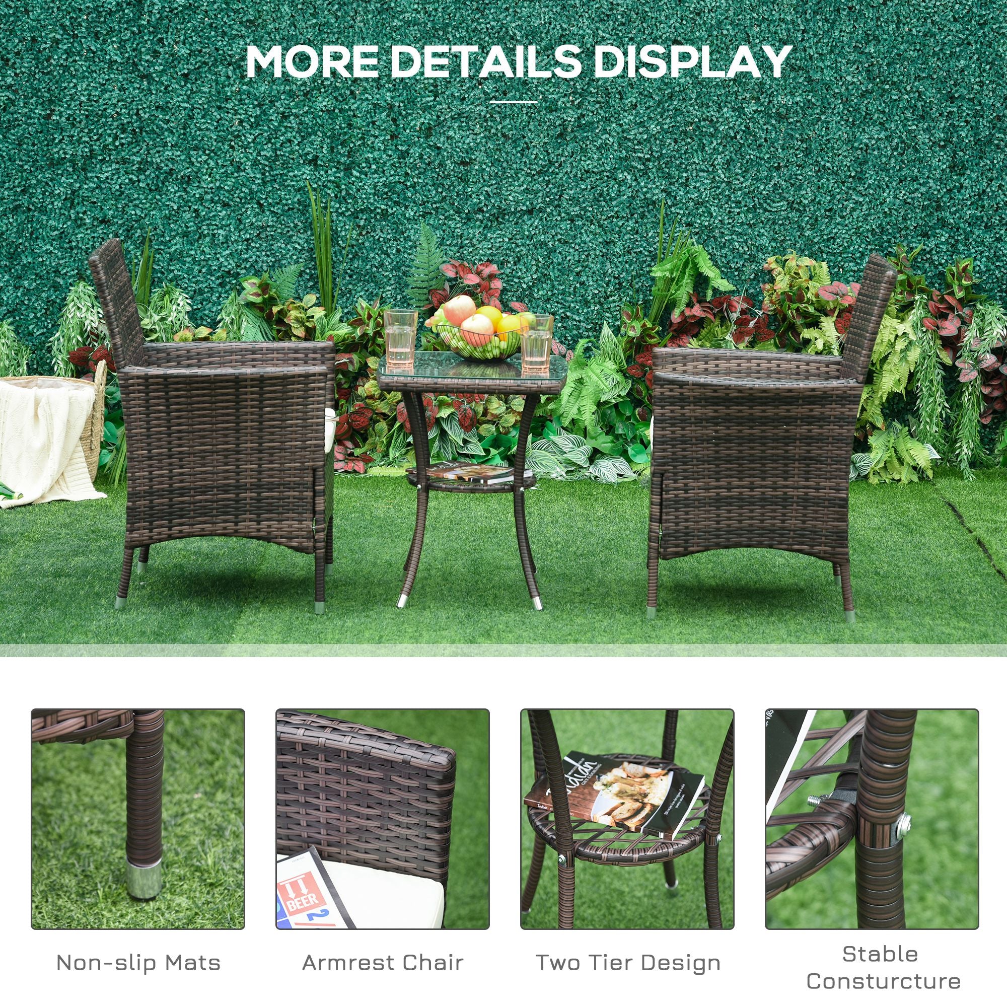 Outsunny Three-Piece Rattan Chair Set, with Cushions - Brown 