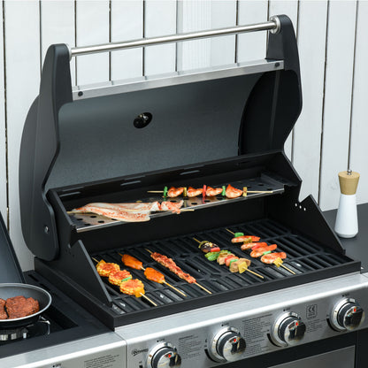Outsunny Gas Barbecue Grill 4+1 Burner Garden Smoker BBQ Trolley w/ Side Burner Warming Rack Side Shelves Storage Cabinet Piezo Ignition Thermometer Stainless Steel + Metal 