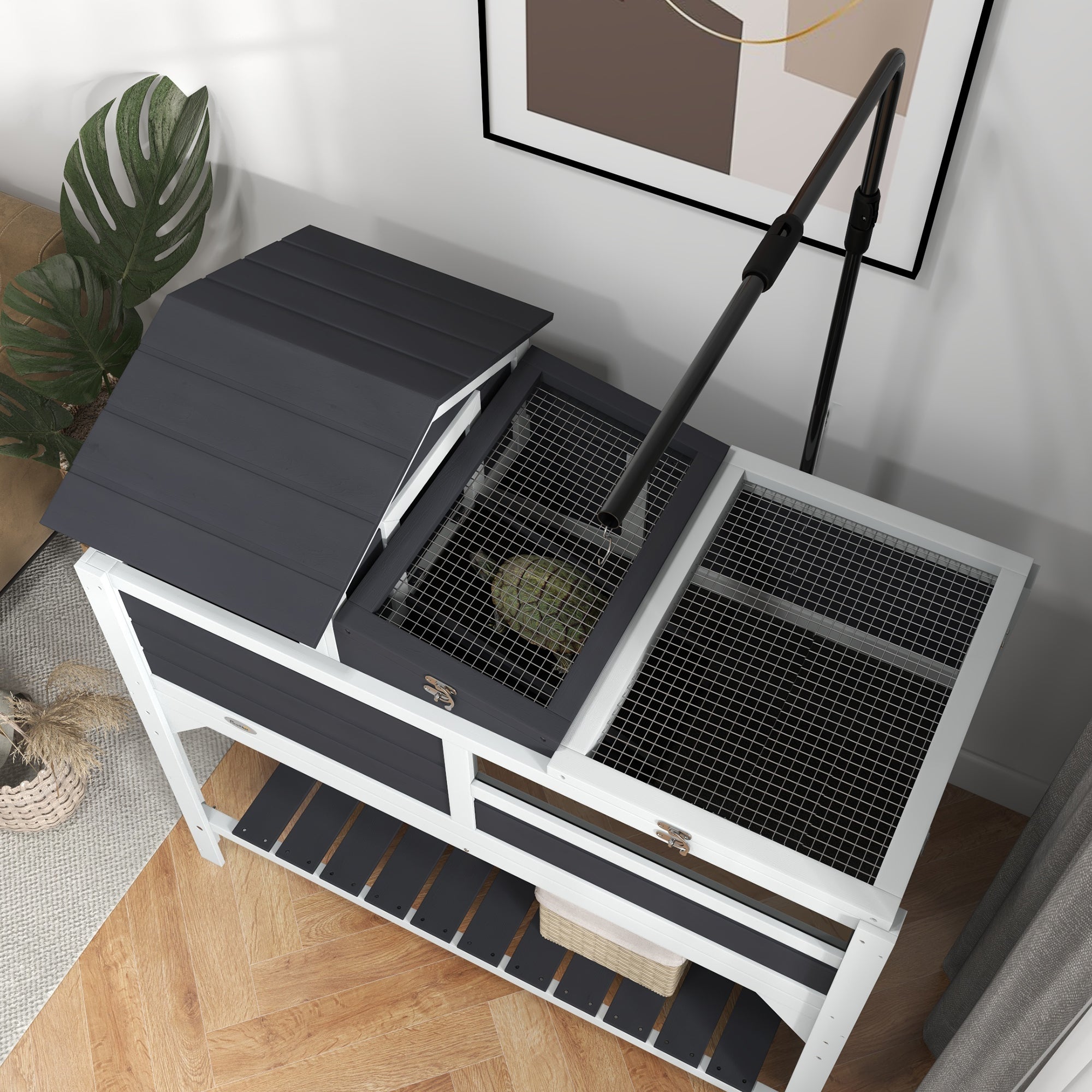 PawHut Wooden Tortoise Enclosure, Tortoise Tank w/ Adjustable Lamp Holder, Openable Lid, Removable Main House - Grey 