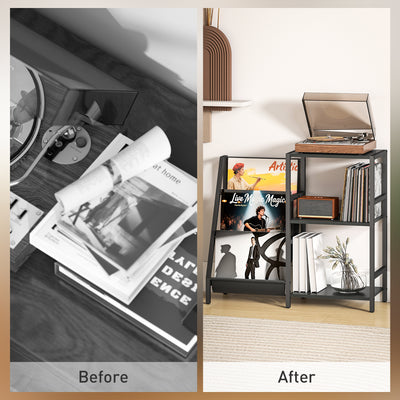 HOMCOM 3-Tier Record Player Stand, End Table for Living Room, Bedroom - Black Wood Effect 