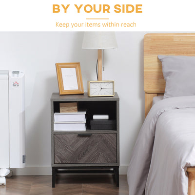HOMCOM Bedside Table with Drawer and Shelf, Side End Table with Steel Legs for Living Room, Bedroom, Dark Grey 