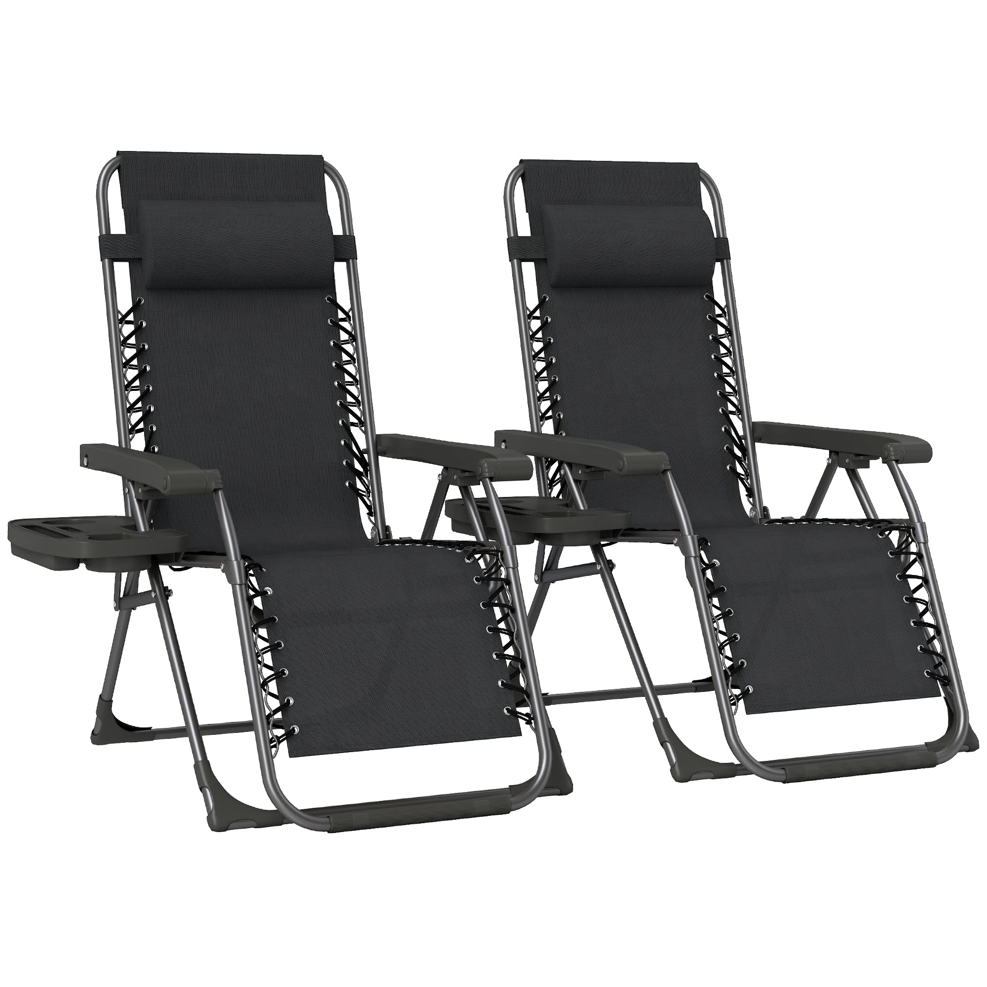 Outsunny Zero Gravity Chairs Set of 2, Folding Sunloungers Reclining Garden Chairs with Cup Holder, Headrest, Black 