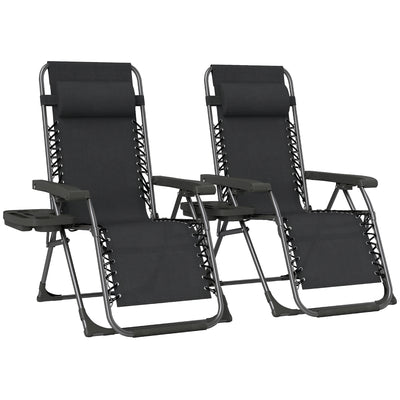 Outsunny Zero Gravity Chairs Set of 2, Folding Sunloungers Reclining Garden Chairs with Cup Holder, Headrest, Black 