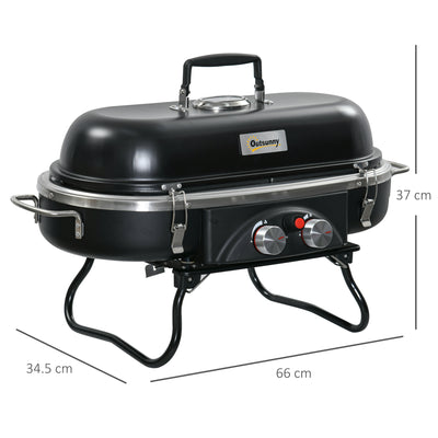 Outsunny Foldable Gas BBQ Grill 2 Burner Table Top Barbecue with Lid Piezo Ignition Thermometer for Camping Picnic Cooking, Aluminium Alloy 
