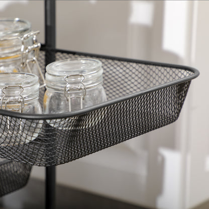 HOMCOM Storage Trolley on Wheels, Rolling Utility Serving Cart with 4 Mesh Trays for Living Room, Kitchen, Black 