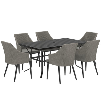 Outsunny 6 Seater Rattan Dining Set with Cushions, Garden Furniture Set with Armchairs, Rectangle Slatted Table Top, Steel Frame, Parasol Hole, Wicker Outdoor Furniture for Patio, Balcony, Grey 