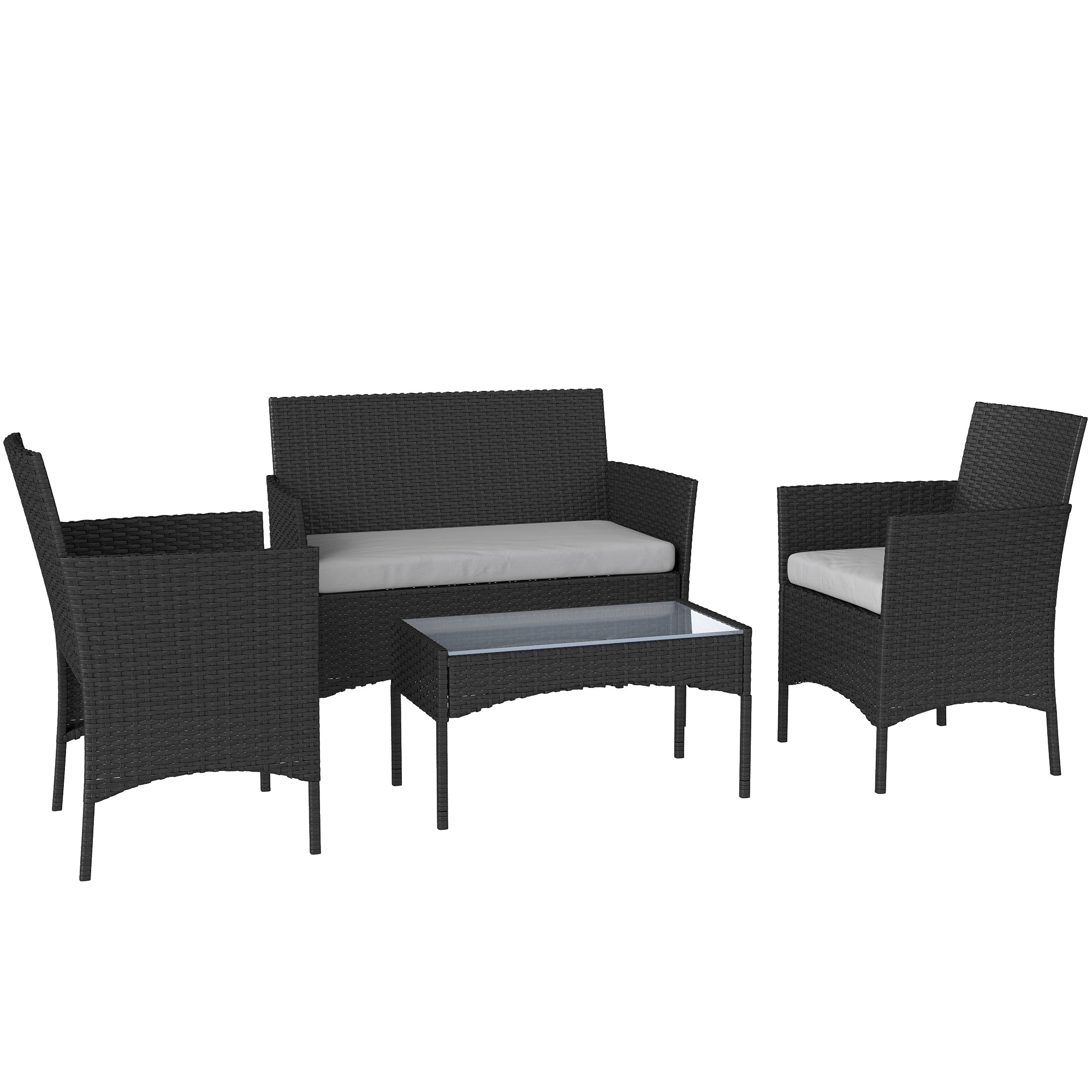 Outsunny 4 Piece Rattan Garden Furniture Sofa Set with Loveseat, Armchairs, Glass-Top Coffee Table and Cushions, Black 