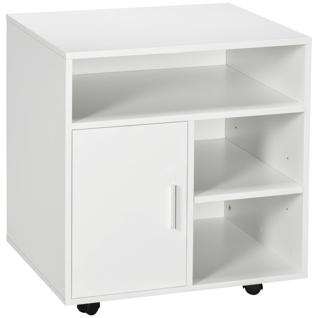 HOMCOM Multi-Storage Printer Stand Unit Office Desk Side Mobile Storage w/ Wheels Modern Style 60L x 50W x 65.5H cm - White 